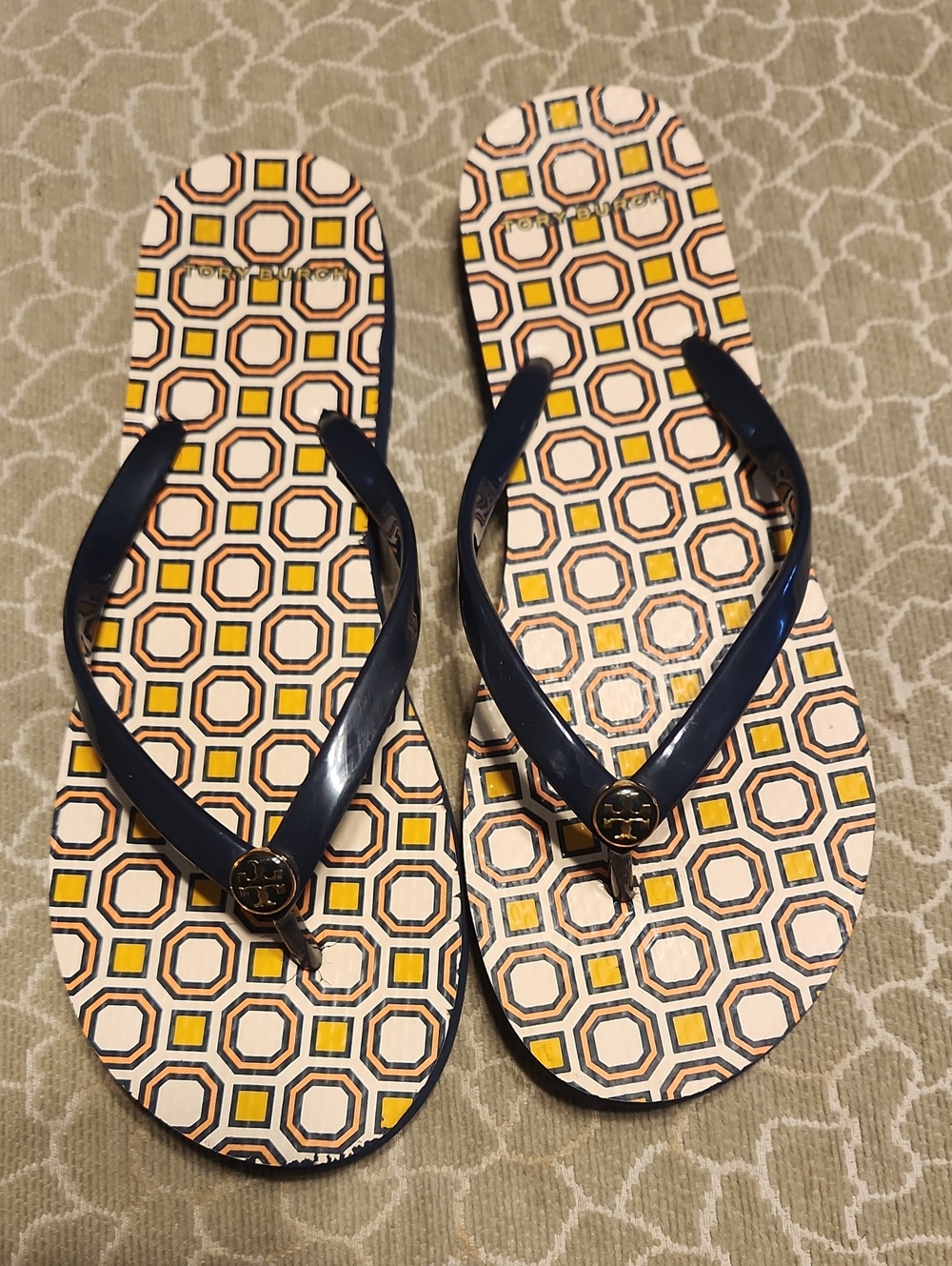 Tory Burch Navy Strap Sandals with Yellow & White Geometric Footbed